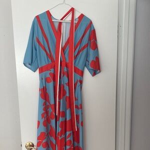 Red & Blue Floral V-Neck Midi Dress